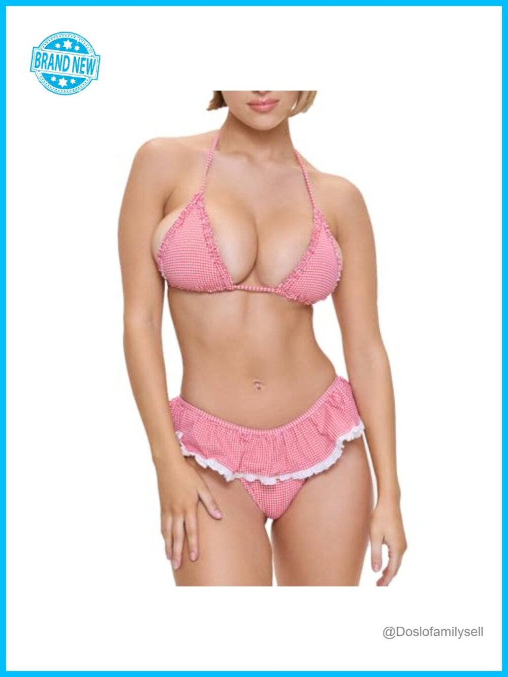 Women's 2pcs Bikini Set Halter Neck Tie Up Plaid Ruffle Trim High Elastic
